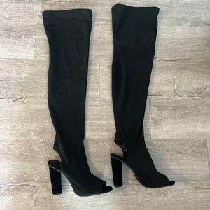 Black Faux Suede Thigh High Open Toe Boot Heels